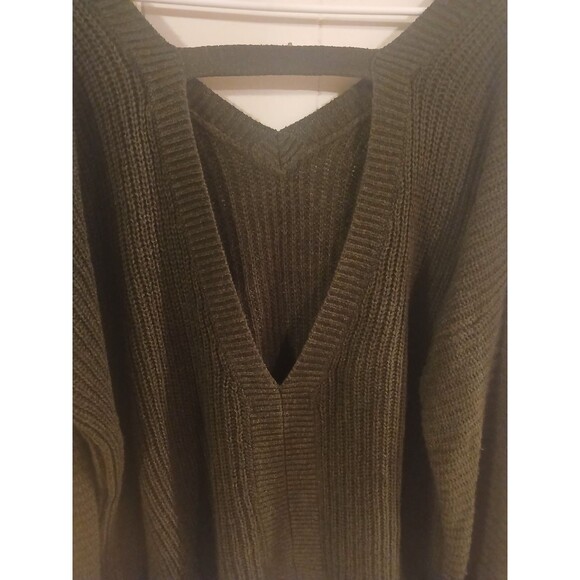 Brown Open Knit Crochet Sweater Size Medium Back Cut Out V Neck Oversized Baggy - Picture 4 of 5
